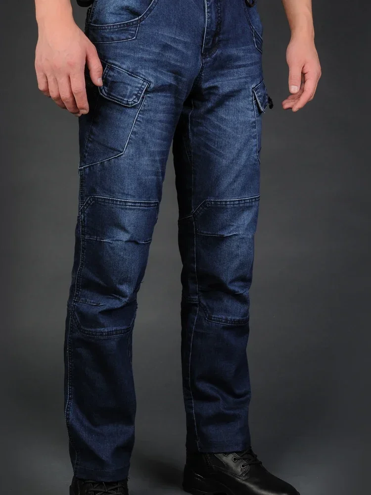 Pantalones vaqueros rectos para hombre, pantalones elásticos ajustados, resistentes al desgaste, múltiples bolsillos, entrenamiento táctico para senderismo al aire libre, color azul - imagen 4