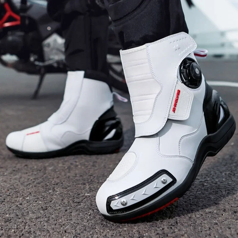 Botas de Moto para Hombre, zapatos de cuero de microfibra, impermeables, con cordones rápidos, Botas profesionales para Moto, Bota para Motociclista - imagen 3