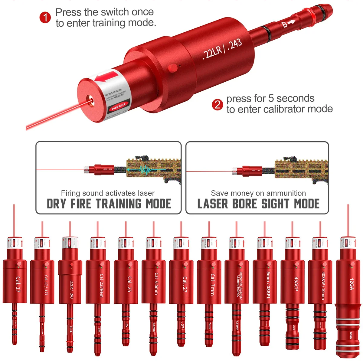 Táctico 22LR 9mm 30-30.25.27.177 7mm 223rem 7,62x39 12GA bala de entrenamiento láser punto rojo vista de orificio Airsoft tapas de presión de fuego seco