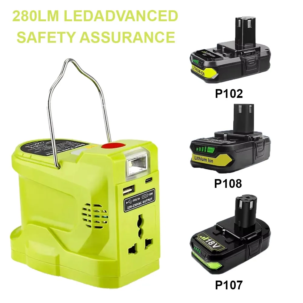 Inversor de batería de iones de litio de 200W, lámpara LED de trabajo, Banco de energía USB para Ryobi, batería de níquel de iones de litio de 18V P102 P103 P104 P105 P107 P108