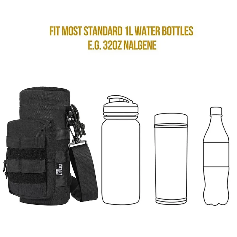 ONETIGRIS MOLLE Bolsa para botella de agua de 32 oz, bolsa portadora de hidratación táctica con bolsillo adicional y correa desmontable para senderismo