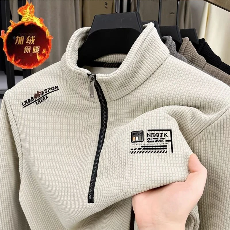 Sudaderas con forro polar para hombre, suéter Vintage con estampado de media cremallera y textura a cuadros, jersey cálido de lana gruesa, sudaderas de cuello alto de lujo - imagen 2