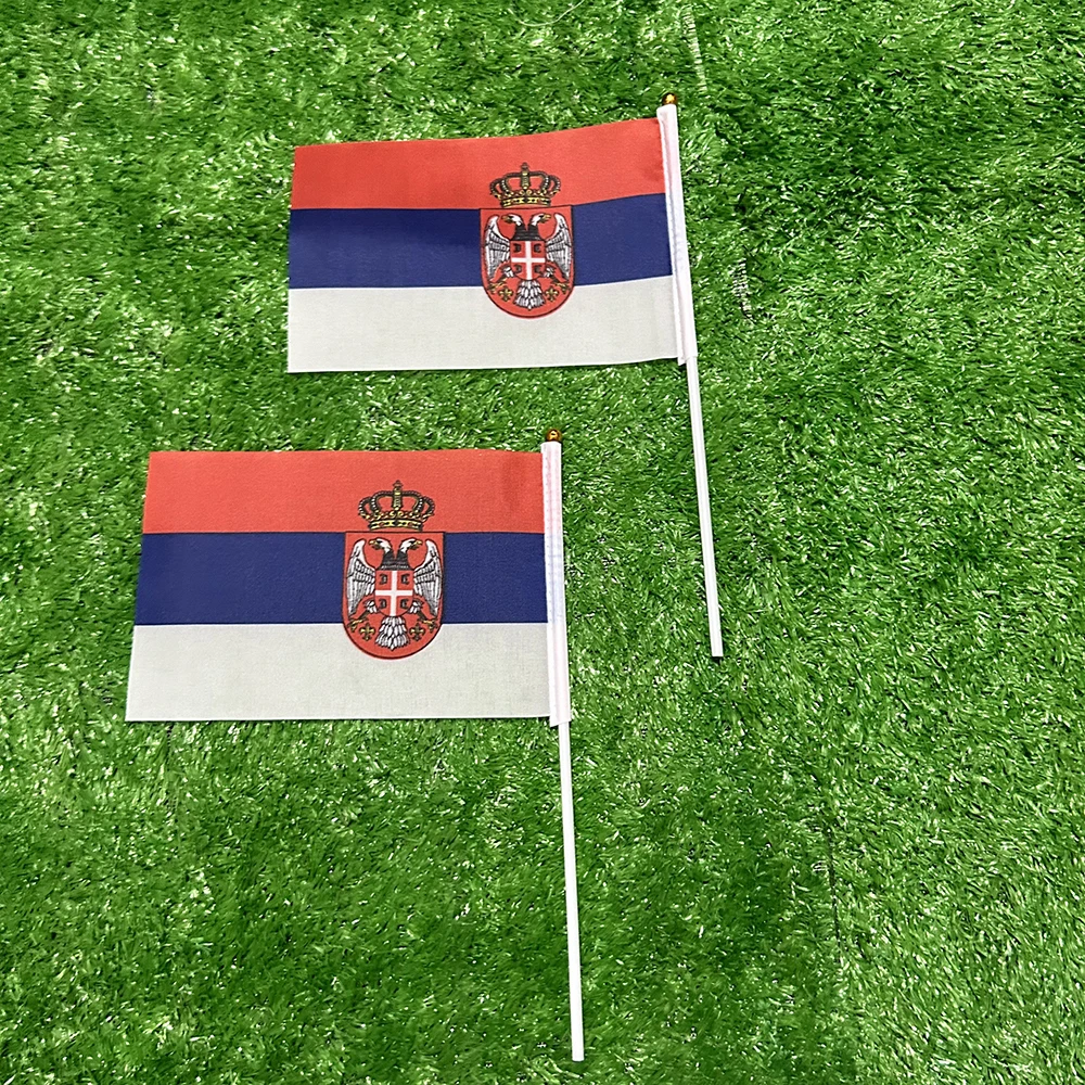 Bandera de mano de Serbia con bandera de SKY, 10/20/50/100 Uds., 21x14cm, banderas onduladas a mano de Serbia con poste de plástico para actividades deportivas, decoración del hogar - imagen 3