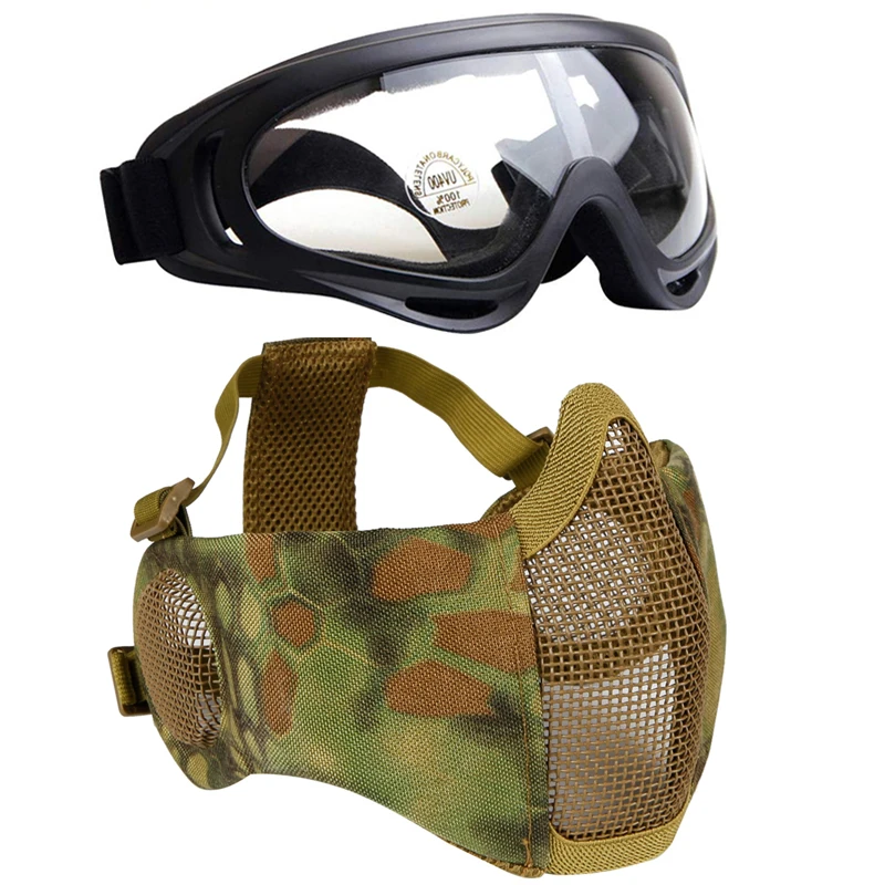 Máscara Airsoft con gafas, protección de malla de acero, tiro táctico, media cara, caza al aire libre, gafas de Paintball, conjunto de máscaras - imagen 2