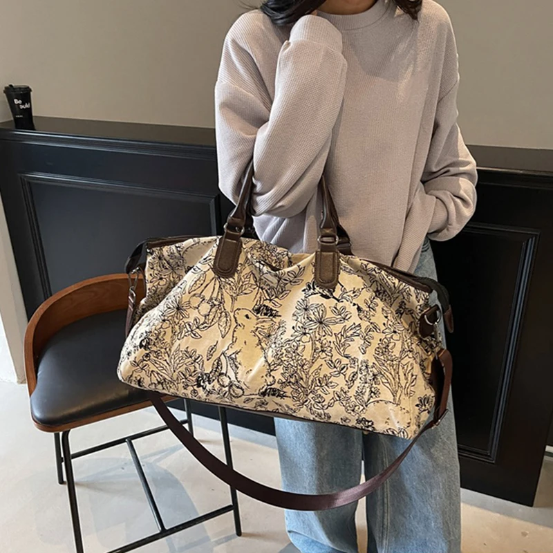 Bolsa de lona deportiva para mujer, bolsa de Yoga para gimnasio, Camping al aire libre, senderismo, escalada, equipaje ligero con estampado Retro, mochila escolar - imagen 3