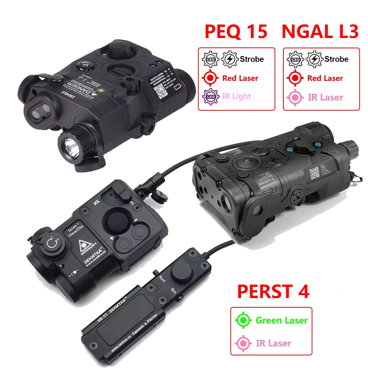 PEQ-15 PEQ 15 LA5C NGAL L3 Armas tácticas rojas y verdes Luz de explorador Linterna LED Zenitco Perst 4 Dispositivo combinado Verde y IR