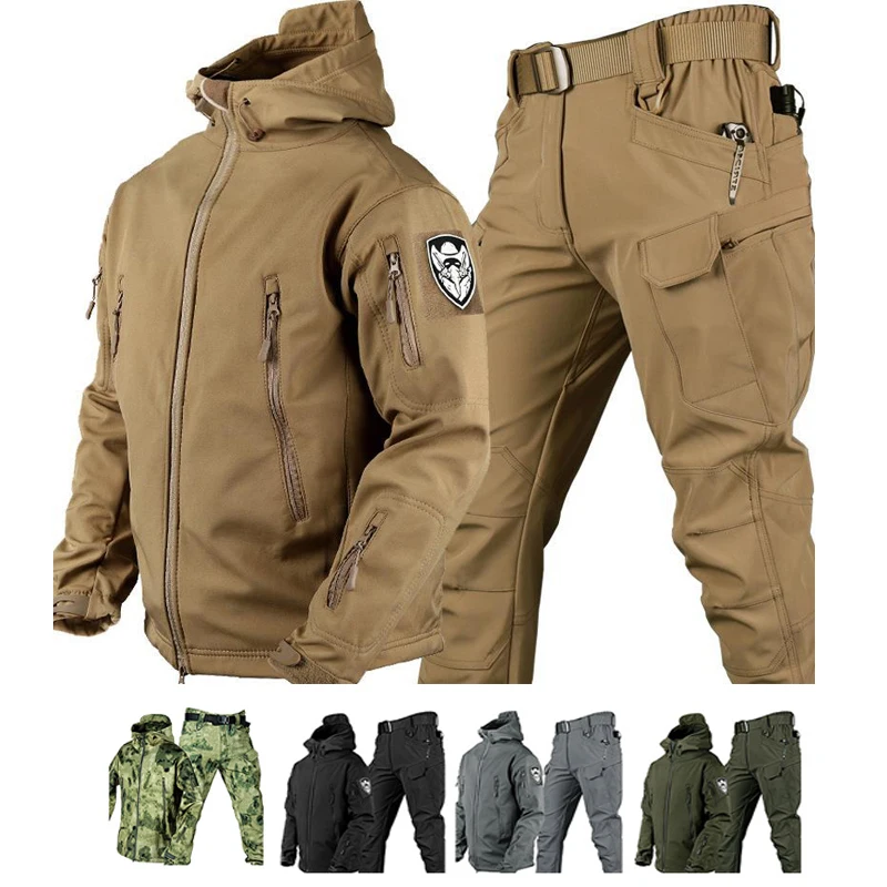 Conjunto de chaqueta táctica y pantalones para hombre, traje impermeable a prueba de viento para deportes al aire libre, chaquetas con capucha de piel de tiburón de concha suave