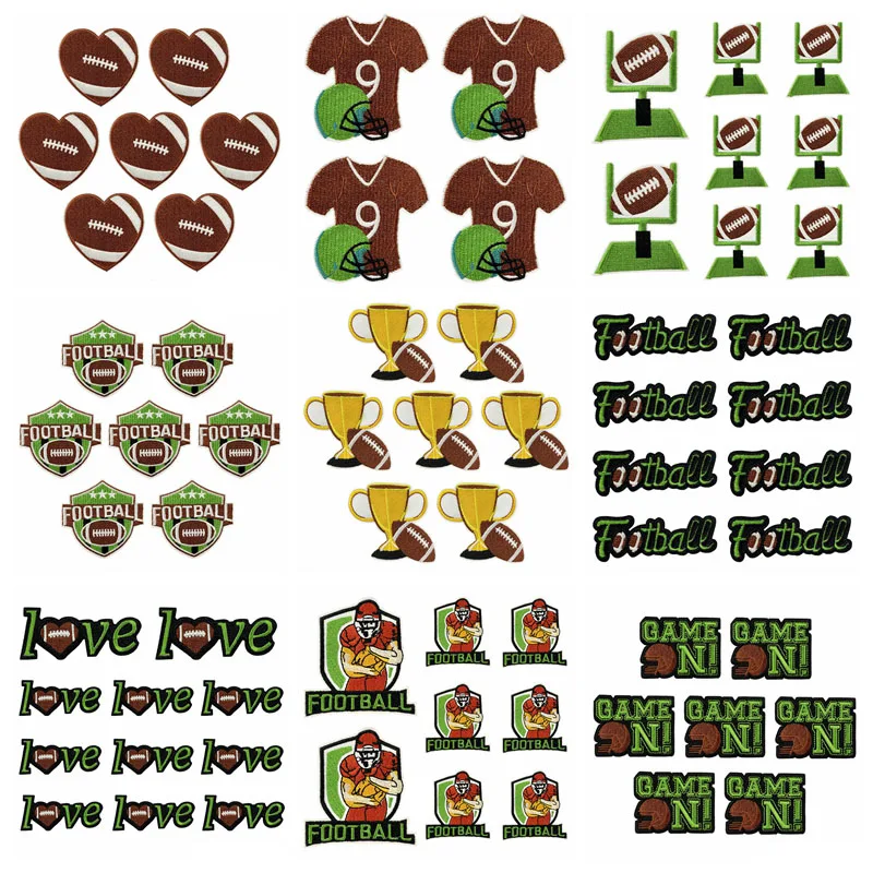 10 unids/lote, venta al por mayor, parche bordado de béisbol y fútbol, parches para planchar en ropa, apliques para el día del juego, parches para coser DIY en la ropa