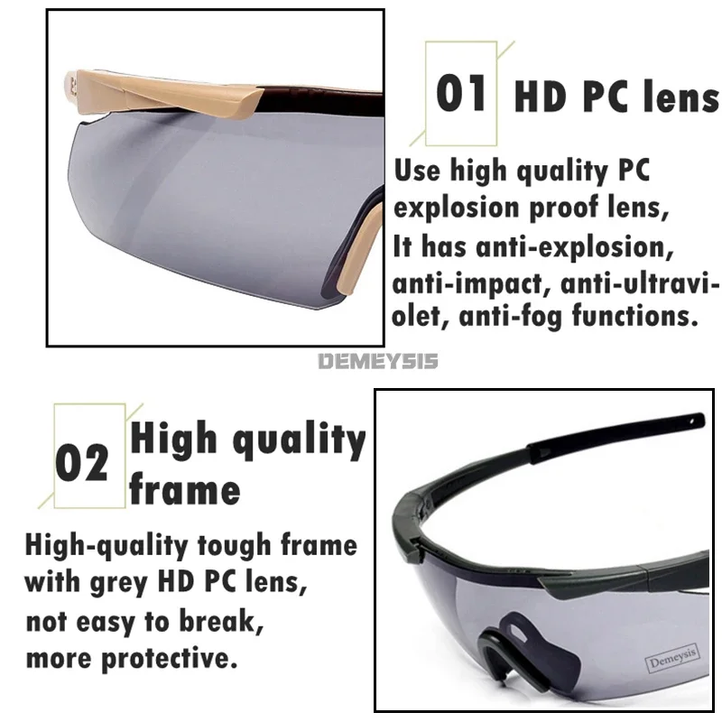 Gafas tácticas con 3 lentes intercambiables, protección ocular UV400 para Airsoft Paintball, rango de tiro, seguridad, senderismo - imagen 3