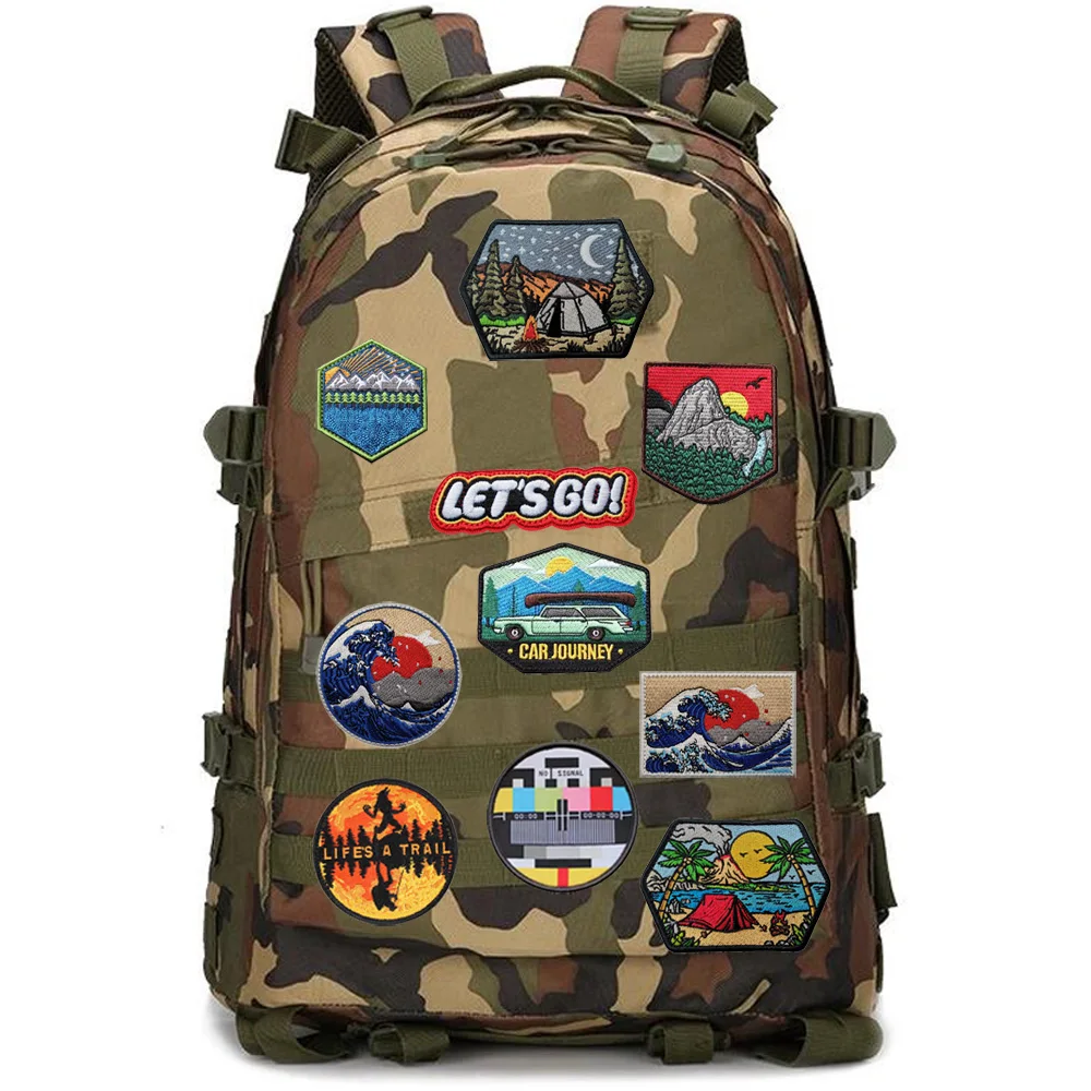 Brazalete de paisaje volcánico bordado completo, pegatina de árbol de coco, costura artesanal, parche para mochila de moral grande para acampar, nuevo diseño - imagen 3