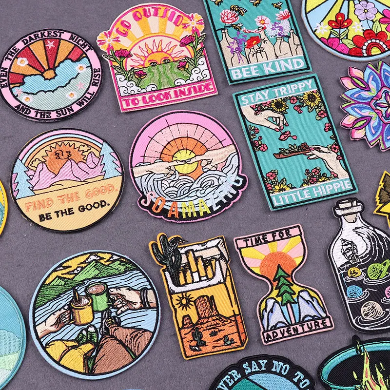 Sunrise parches bordados para ropa, pegatinas de aventura, parches para planchar en la ropa, insignias de Camping DIY en mochila