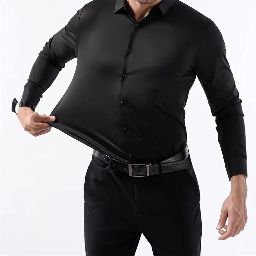 Gemelos para hombre, camisa Formal de negocios sin uñas para hombre, camisa sólida de alta elasticidad, informal, sin arrugas, sin planchar, Social blanco - imagen 2