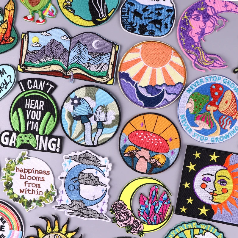 Parche bordado de ondas de setas para acampar en la montaña, parches para planchar en la ropa, apliques de costura de chaqueta bordados de sol y luna DIY