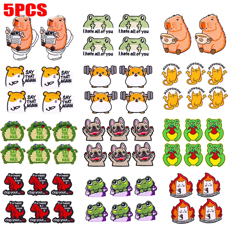 5 uds Corgi gato Rana dinosaurio parche bordado hierro en parches para ropa parches termoadhesivos DIY parches de animales de dibujos animados
