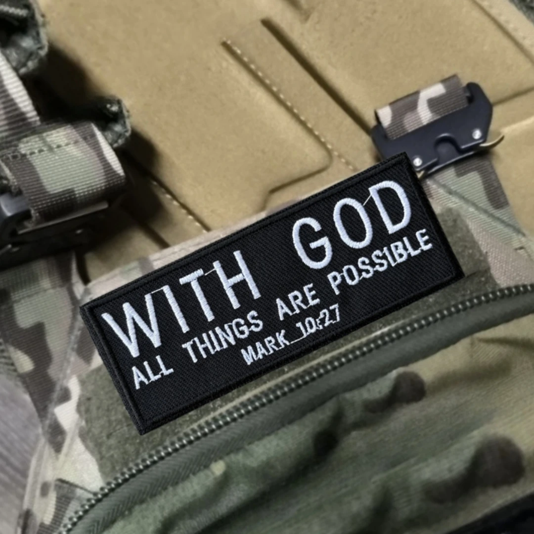 "con Dios, todas las cosas están posibles", MARK 10:7, parche para versículo bíblico, parches de gancho tácticos de moral bordados para ropa