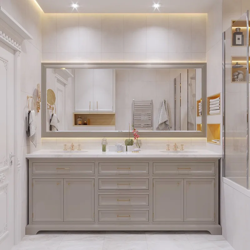 Mueble de baño de roble de estilo americano, combinación de lavabo doble, suelo, inodoro, lavabo, lavabo, lavabo - imagen 2