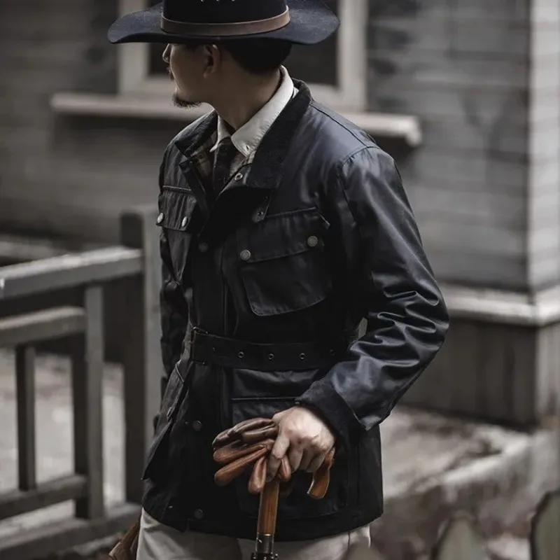 Chaquetas militares de cera de aceite para hombre, abrigo cortavientos de carga informal de Inglaterra, impermeable al aire libre, cuello de pana, chaqueta con múltiples bolsillos, otoño - imagen 3