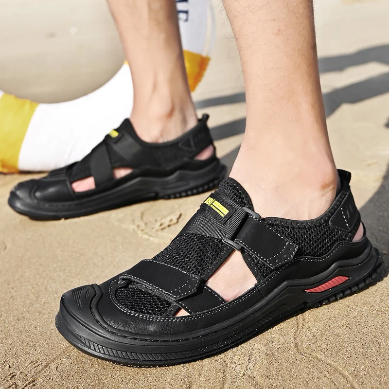 HIKEUP-sandalias de verano para hombre, zapatos de malla transpirable para deportes al aire libre, calzado de ocio hecho a mano, anticolisión, resistente al desgaste, de secado rápido - imagen 5