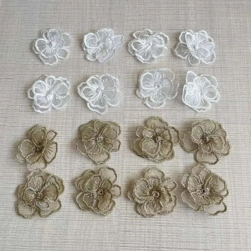 16 uds/4CM blanco, oro 3d flores florales bordadas parche para coser, ropa de Organza apliques de encaje rosa para coser, decoración de vestidos - imagen 5