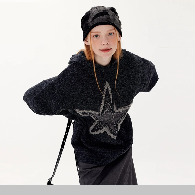 Sudadera con capucha de gran tamaño para hombre y mujer, suéter de punto suelto con estrellas rasgadas, ropa de calle de Hip Hop - imagen 3