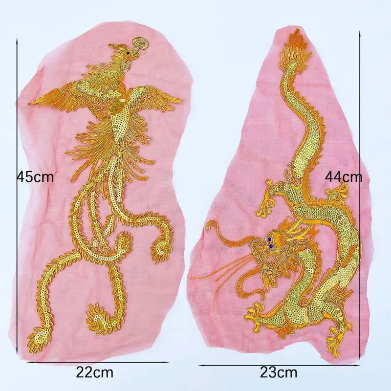 Parche de costura bordado de encaje de hilo dorado de lentejuelas para vestido, Cheongsam, apliques de dragón dorado, Fénix, 23x44CM - imagen 2