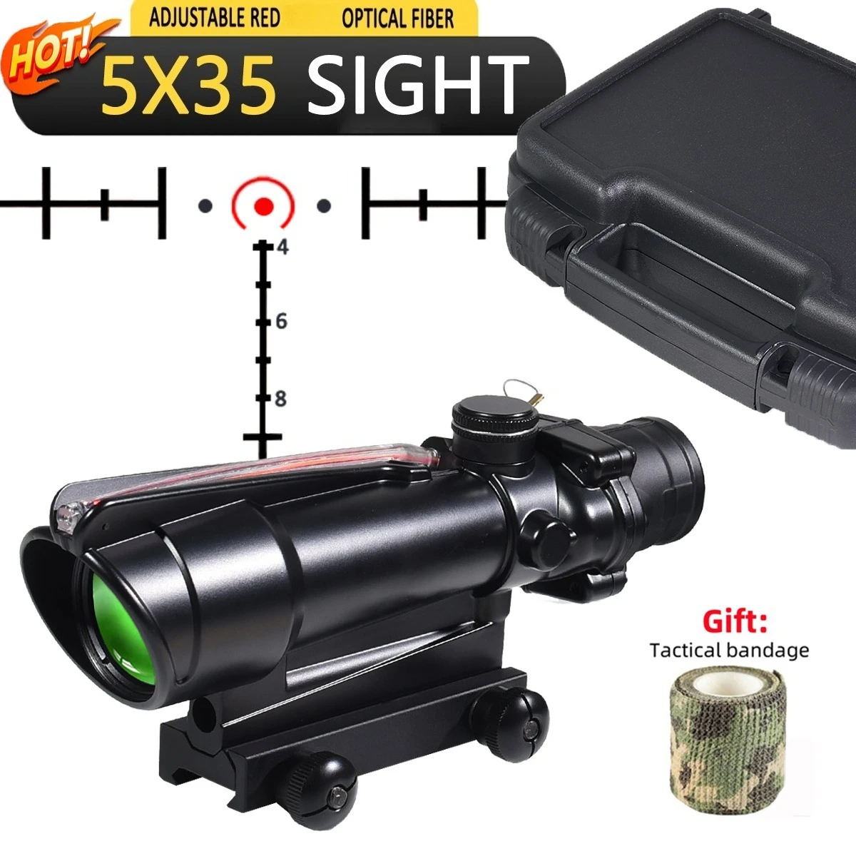 Óptica táctica 5x35 iluminación de fibra Real punto rojo o flecha retícula grabada de vidrio mira telescópica de caza con relieve