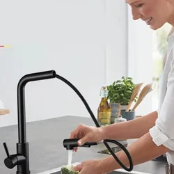 Grifo de fregadero de cocina, negro, extraíble, Flexible, 2 modos, boquilla de pulverización y rociador, grifos de acero inoxidable, grifo mezclador de agua fría y caliente, cubierta