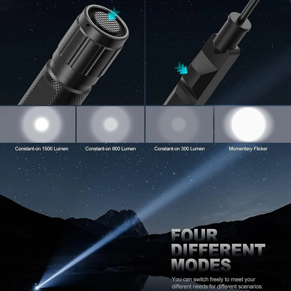 Linterna táctica de 1500 lúmenes, arma de luz recargable, luz con zoom con riel Picatinny/montaje Mlok con interruptor de presión - imagen 2