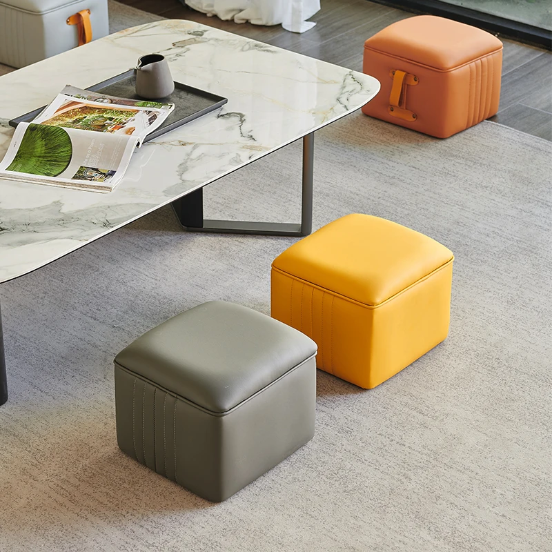 Taburete cuadrado de cuero, taburete bajo, sala de estar, taburete para cambiar zapatos en la puerta, creativo - imagen 5