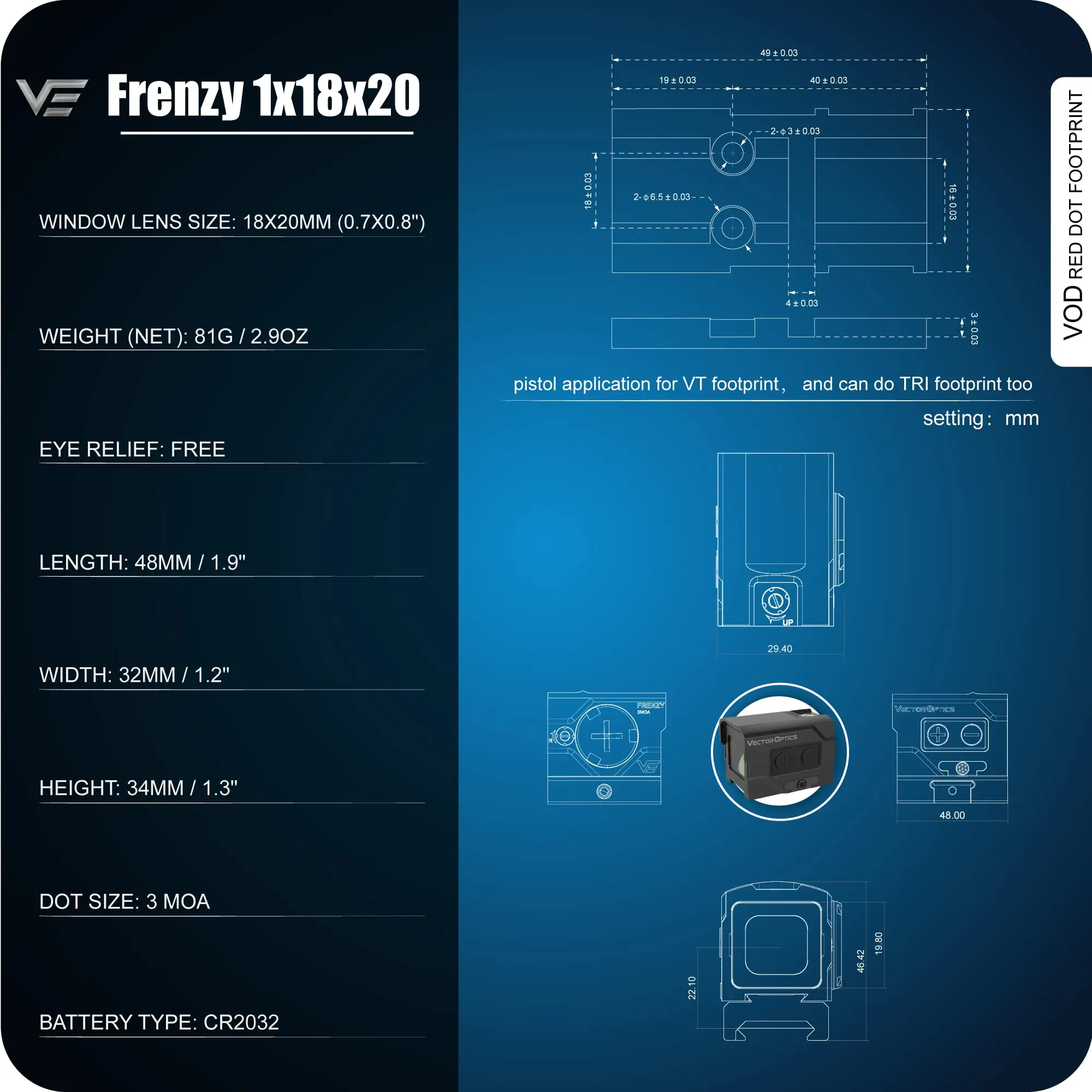 Vector Optics Frenzy Plus 1x18x20 Mira Reflex Cerrada con Punto Rojo, Sensor de Movimiento, VOD Footprint, Compatible con Pistolas Glock y Taurus - imagen 3