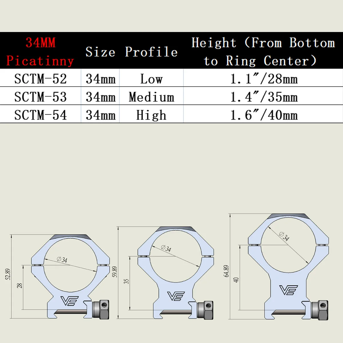 Anillos de Montaje Vector Optics X-ACCU 1" 25.4/30/34/35mm Perfil Bajo/Medio/Alto para Riel Picatinny/Dovetail de Rifle 20/11mm - imagen 5