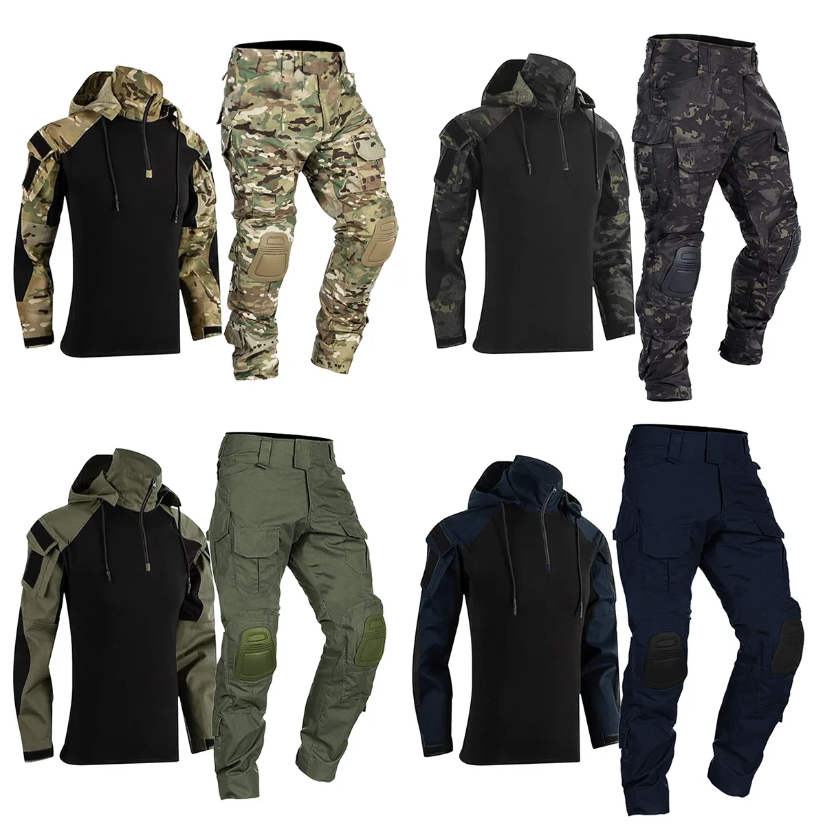 Trajes tácticos de Paintball, ropa de trabajo, uniforme con múltiples bolsillos, camisas de camuflaje de combate con capucha, rodilleras de carga, pantalones, ropa de caza - imagen 2