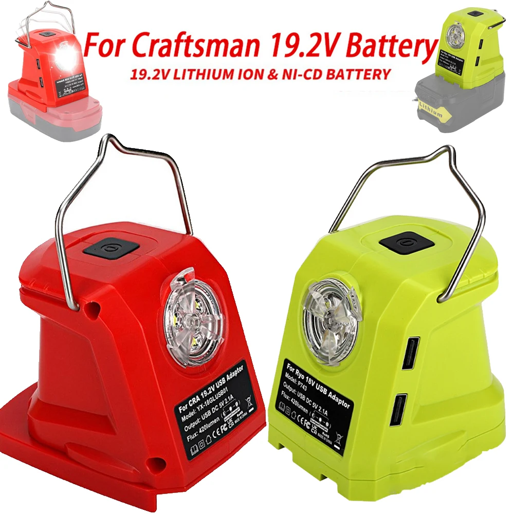 Linterna portátil con luz LED de trabajo de 420 lúmenes, Compatible con baterías de litio Ryobi/Craftsman de 18V, puertos USB duales y gancho