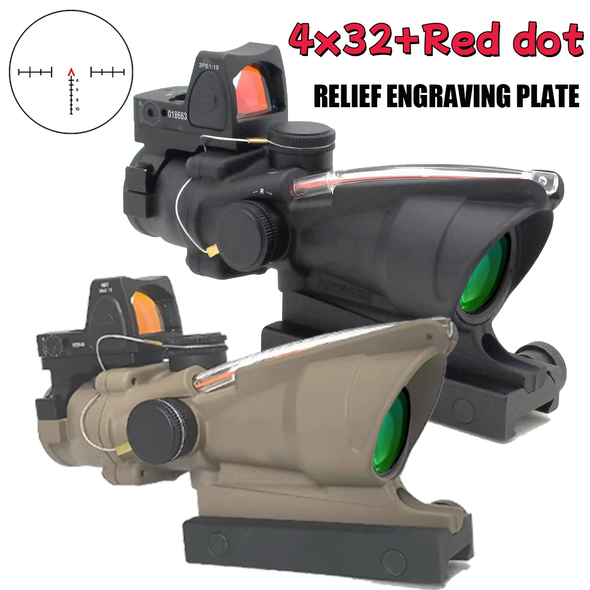 Mira colimadora de caza con aumento triangular 4x32, mira de Chevron roja iluminada con fibra de caza con logotipo en relieve, mira para Rifle Ar 15