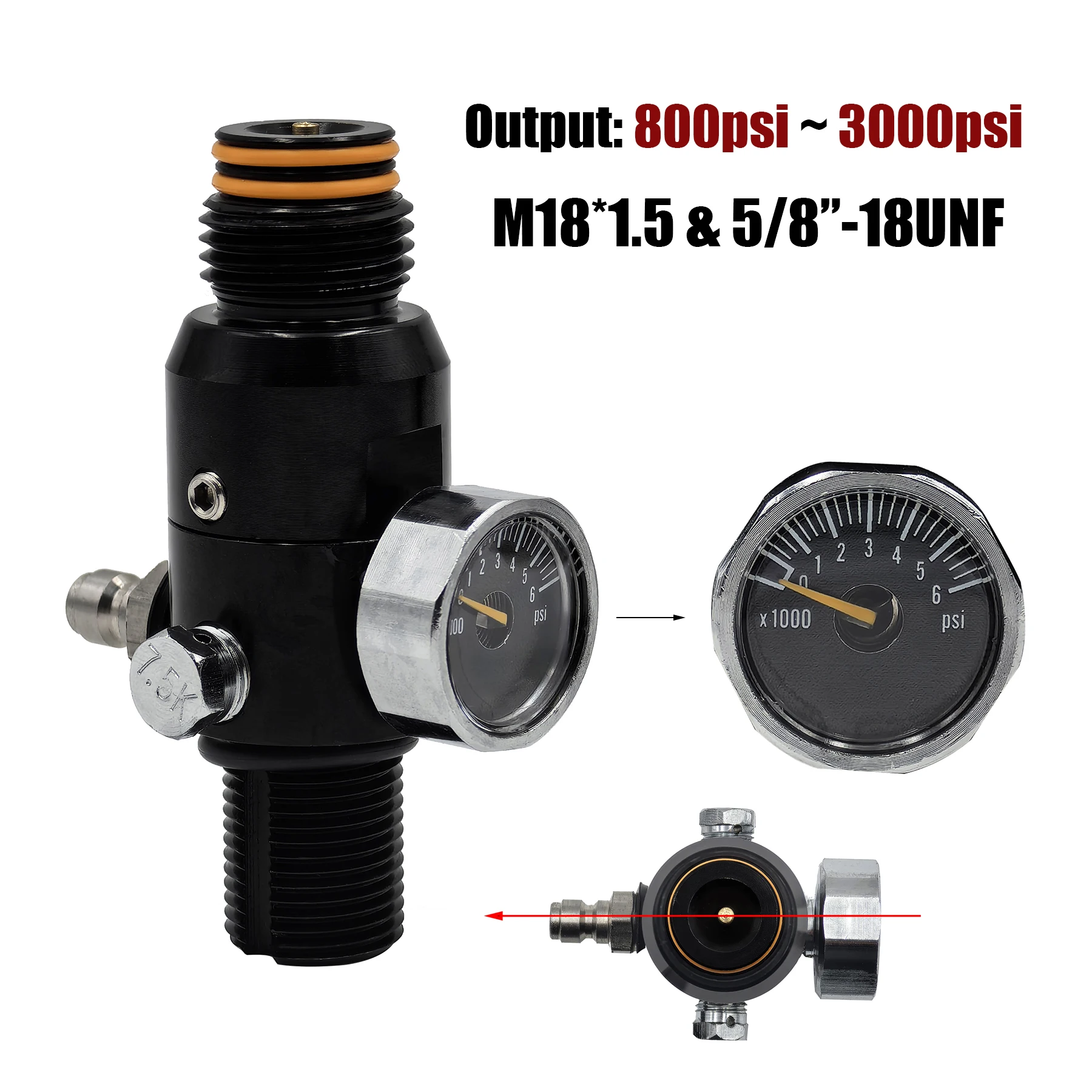 Regulador HPA 4500 psi - rosca M18x1.5 o 5/8-18UNF - salida 800-3000 - imagen 2