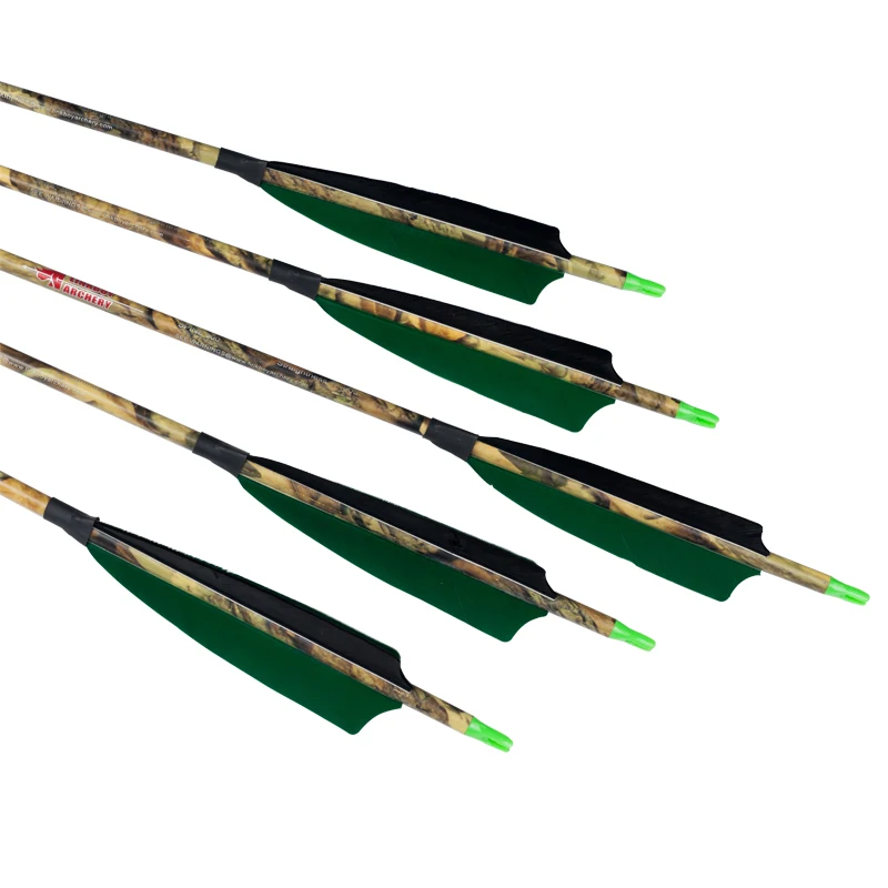 12 Uds Linkboy carbono camuflaje flecha verde ID6.2mm Sp300-600 5 pulgadas pluma de pavo 75gr puntas compuesto arco tradicional caza - imagen 3