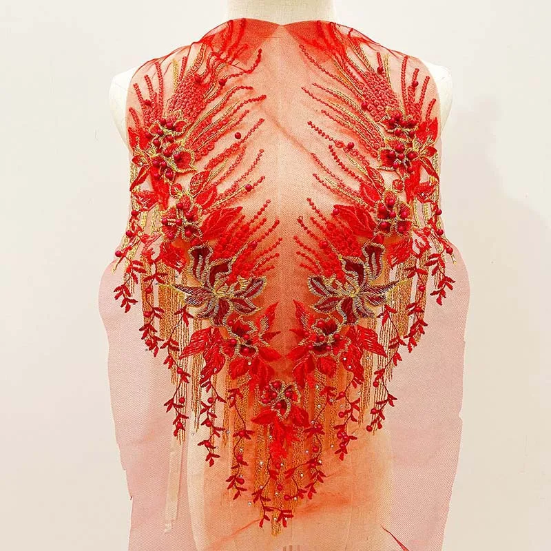 Parches bordados de encaje con cuentas de diamantes de imitación de flor de cola de Fénix, apliques de corpiño, parche de costura DIY para vestido de novia, 55x28CM - imagen 5