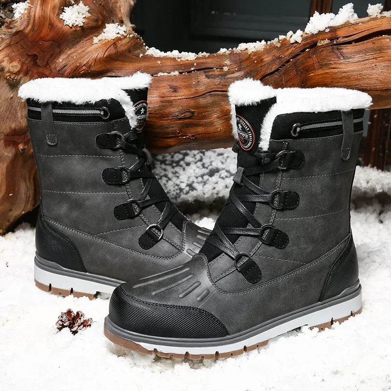 Botas de invierno a la moda para hombre, botas de nieve altas de piel cálida, botas de plataforma de cuero impermeables para hombre, zapatos de invierno antideslizantes para exteriores para hombre - imagen 3