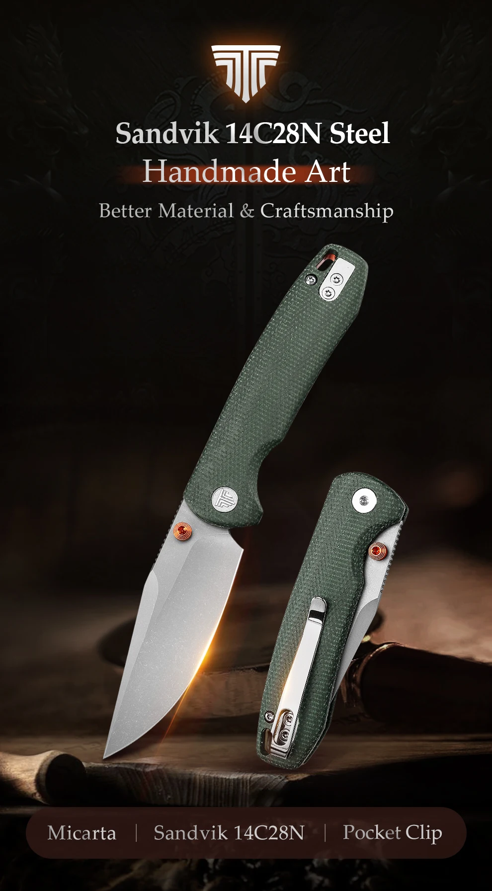Cuchillo plegable TRIVISA con clip y hoja 14C28N