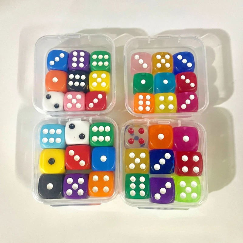 9 piezas de dados de colores transparentes con caja, dados de 6 caras para juegos de mesa, 14mm, 16mm, a granel para aprendizaje de matemáticas, dados para aula - imagen 4