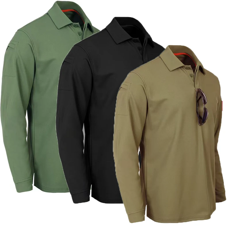 Jersey de secado rápido para hombre, camisas de manga larga, ropa transpirable de talla grande de verano, camisetas tácticas elásticas lisas con vuelta hacia abajo