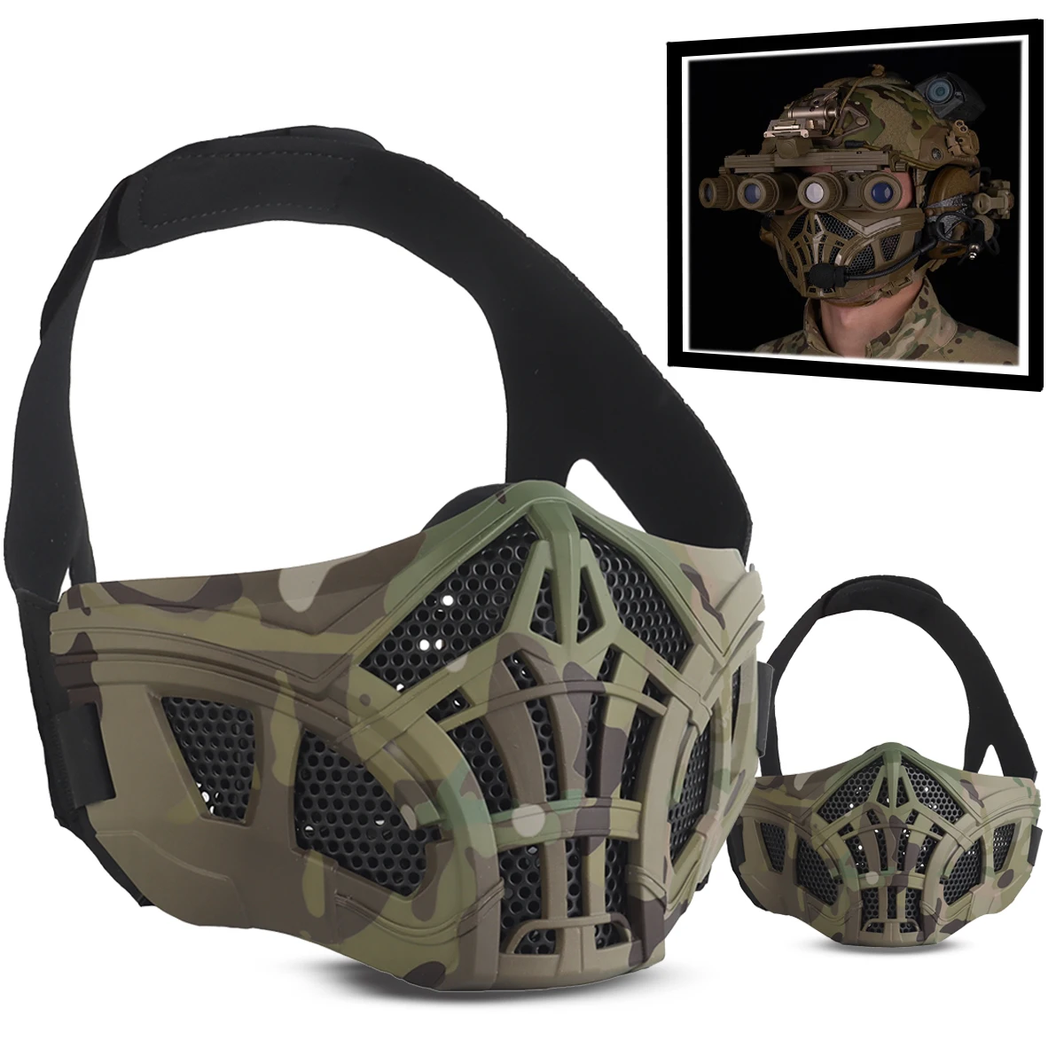Máscara de gel de sílice de media cara Airsoft con protección facial para la oreja, máscaras de malla geniales para Halloween, para caza CS, Paintball, tiro, Cosplay - imagen 2