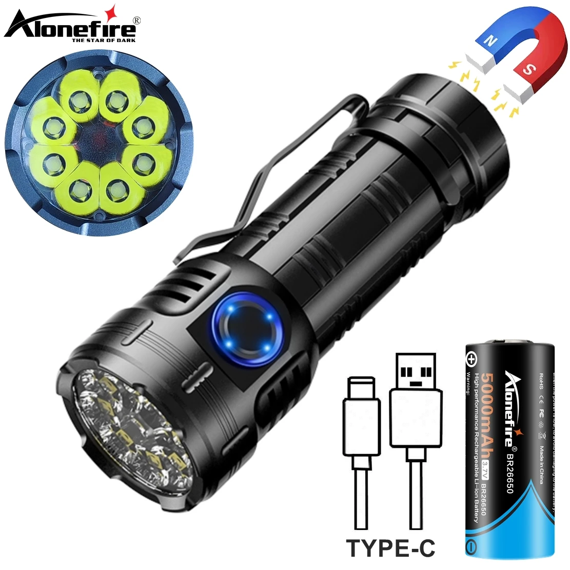 Linterna Led de alto brillo, dispositivo recargable por Usb, de alta potencia, portátil, al aire libre para senderismo, trabajo, reparación de automóviles, color rojo, 8 Led, 6500K - imagen 2