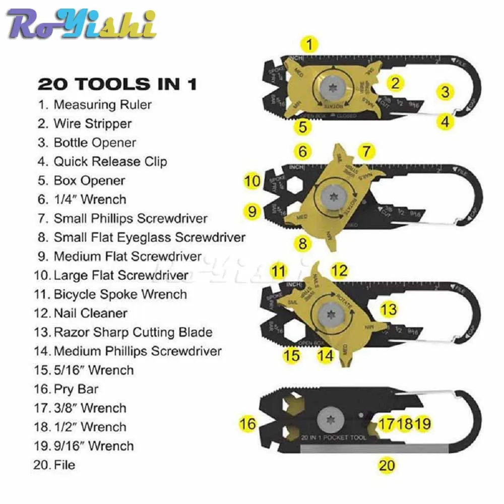 Mini herramienta portátil 20 en 1 para exteriores, abrebotellas, llavero, destornillador, Kits de acampada y senderismo, 1 piezas, EDC - imagen 2