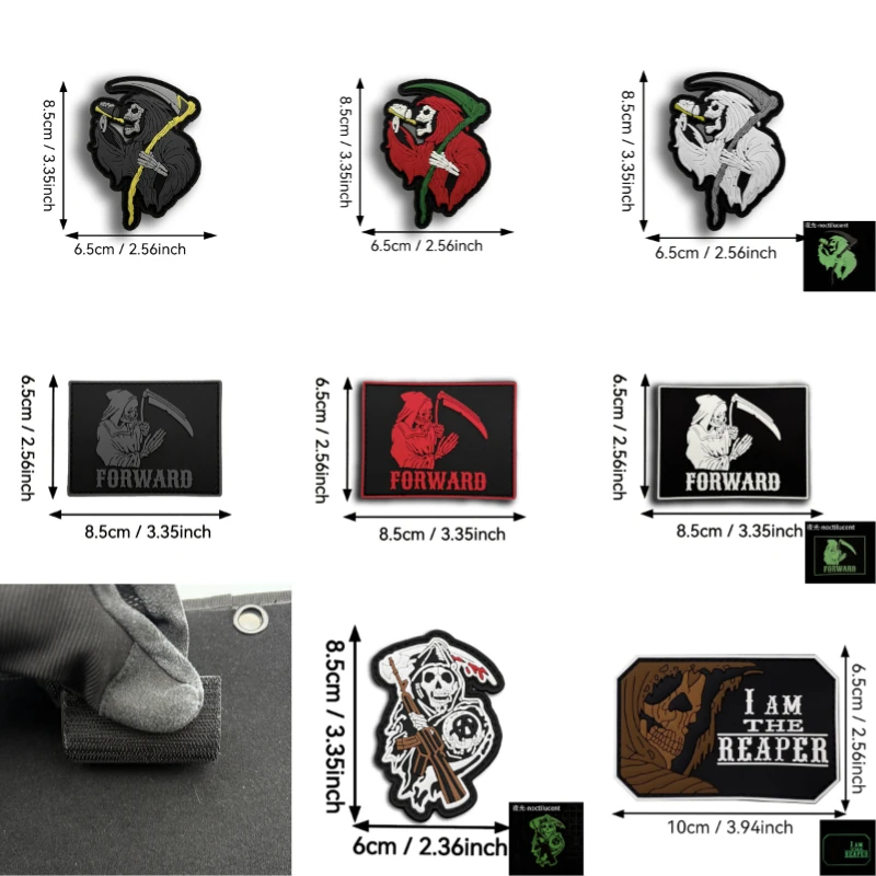 Parche de gancho y bucle de Hoz Reaper, accesorios de PVC, parches de esqueleto brillantes, insignia moral al aire libre, insignias tácticas de ropa