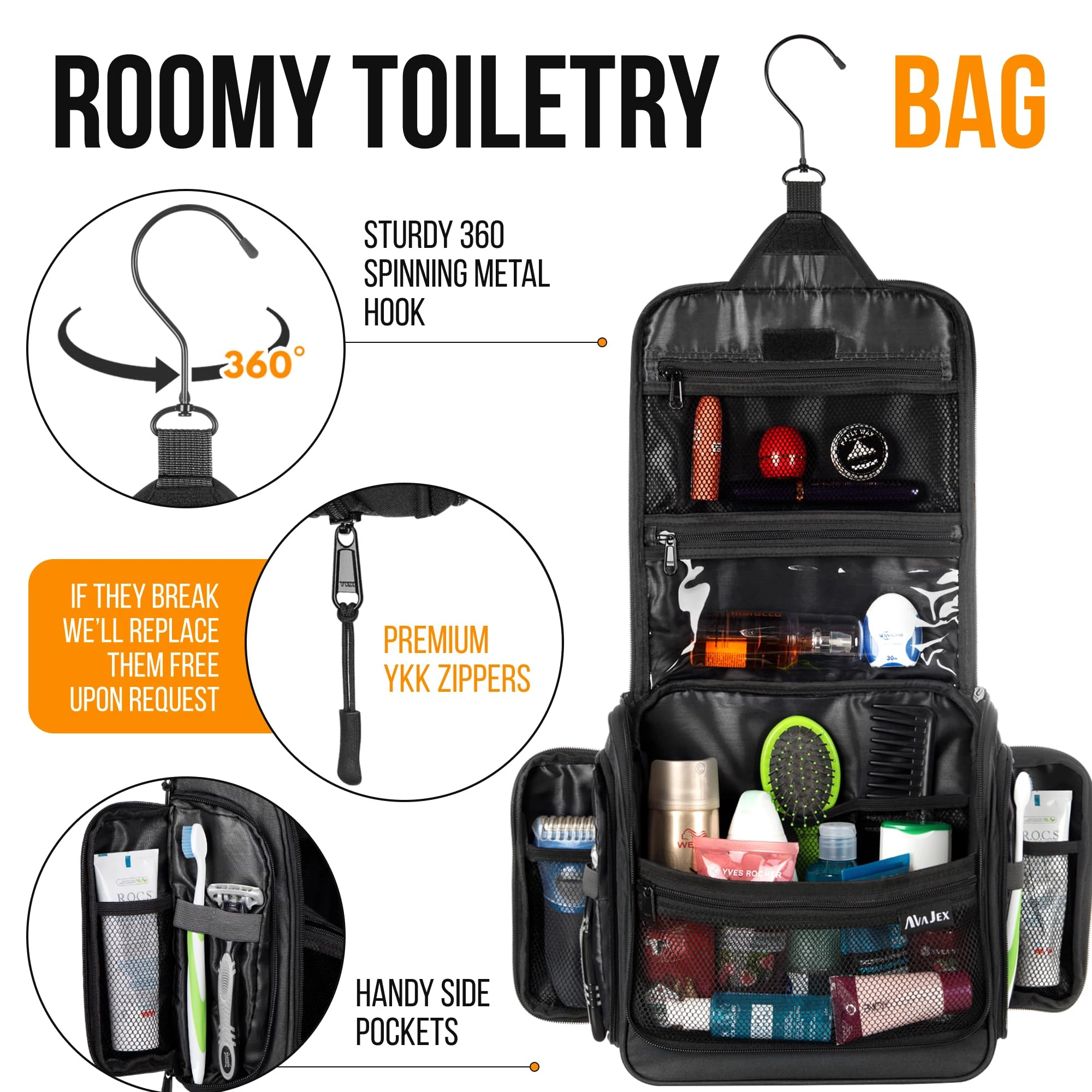 Neceser de viaje para hombres y mujeres, organizador de artículos de tocador colgante grande, bolsa de higiene impermeable con gancho giratorio de Metal para artículos de tocador - imagen 4