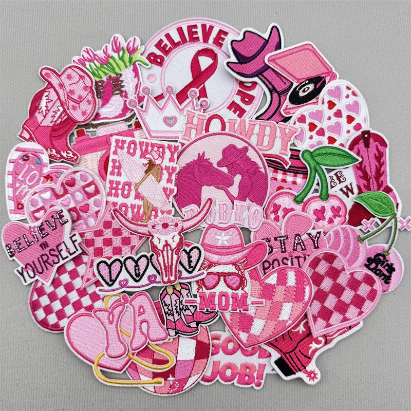 30 unids/lote de parches bordados de cereza de dibujos animados para ropa, parche con letras de corazón rosa, parches para planchar en ropa, apliques adhesivos - imagen 4