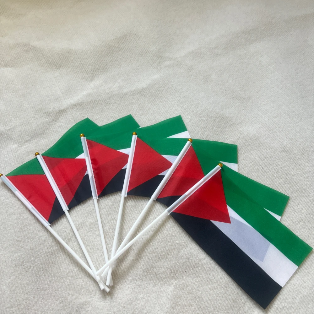 Bandera palestina pequeña ondeante a mano, 14x 21cm, pancarta palestina portátil, asta de bandera de plástico resistente a la decoloración de poliéster para eventos