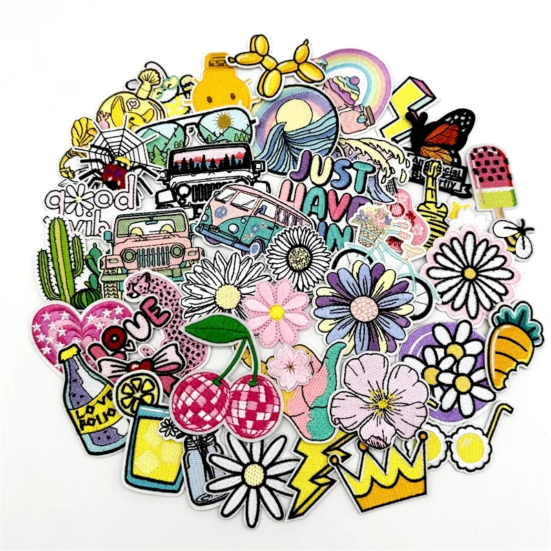 45 unids/lote, parches bordados de flores aleatorios, parches de aventura para planchar, apliques para ropa, parches de rayas DIY, pegatinas - imagen 4