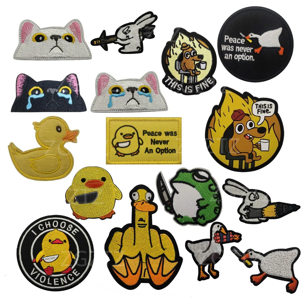 Parches de gancho y bucle de animales de dibujos animados, pegatina de gato con cuchillo, pato, ganso, rana, accesorio táctico, insignias de moral, parche bordado